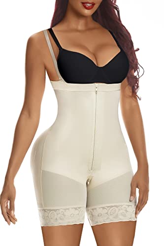 YIANNA Shapewear Damen Bauchweg Body Stark Formend Miederbody mit Bein Shaper Bodyformer Fajas Colombianas Mieder Bodyshape Zipper Beige XL 7257 von YIANNA