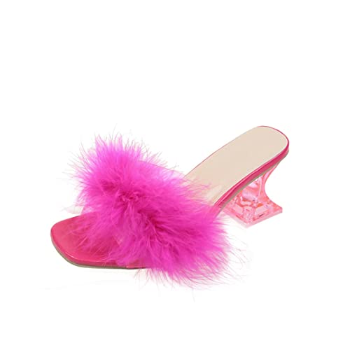 YIBLBOX Frauen Fluffy Feather Square Toe High Clear Block Heel High Heels Brautkleid Absatz Sandale von YIBLBOX