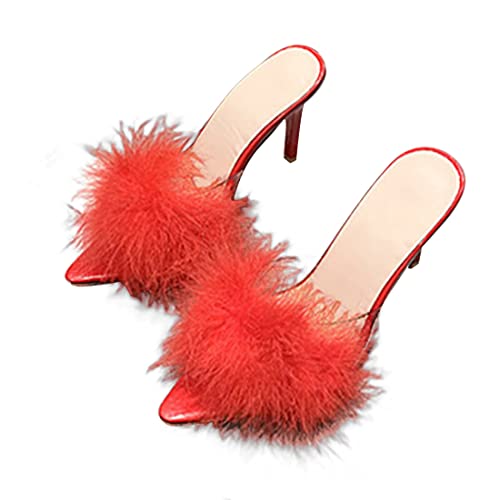 YIBLBOX Frauen Fluffy Feder Spitze Zehe High Stiletto Mules Brautkleid Absatz Slipper von YIBLBOX