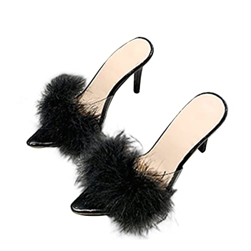 YIBLBOX Frauen Fluffy Feder Spitze Zehe High Stiletto Mules Brautkleid Absatz Slipper von YIBLBOX