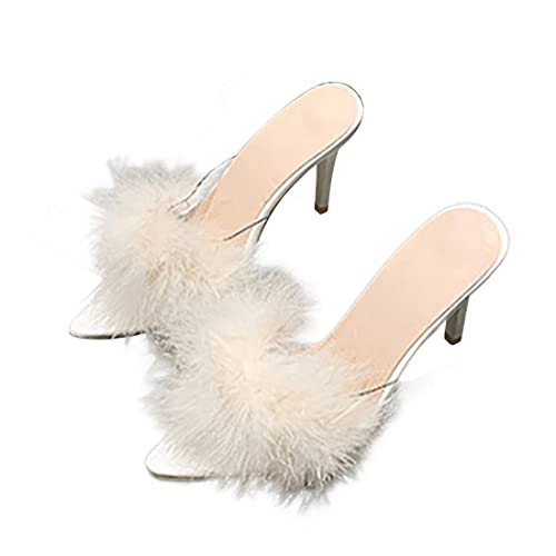 YIBLBOX Frauen Fluffy Feder Spitze Zehe High Stiletto Mules Brautkleid Absatz Slipper von YIBLBOX