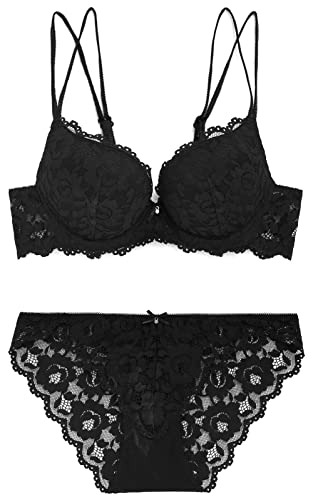 YIDISHUI Damen Feste Spitze Hochdrücken BH-Set Sexy BH- Und Höschen-Sets Gemütlich Französisch Stickerei Dessous-Sets Transparent Unterwäsche,Schwarz,70A von YIDISHUI