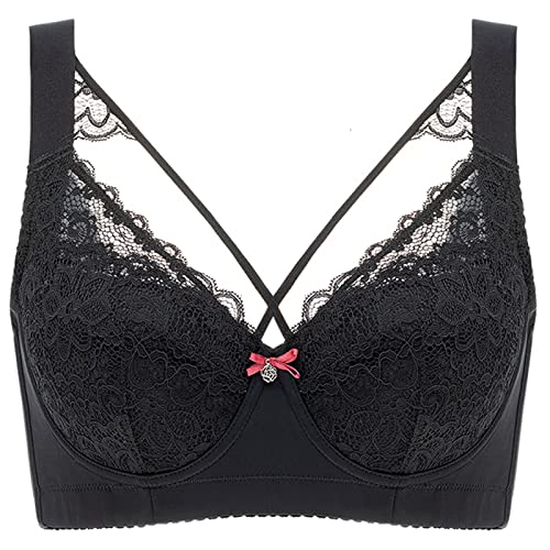 YIDISHUI Damen Push-up BH Blumenspitze Bügel-BH Vollständige Abdeckung Übergröße Bustier Weiche Tasse Alltags-BH Sexy Tief V Vollfiguriger BH,Schwarz,100I von YIDISHUI