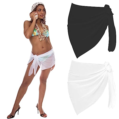 YIDM Strand Wrap Wickelröcke Pareo Tuch 2 Stück Strandkleider Damen Sommer Wickelrock Polyester Chiffon Fur Spa Schwimmen Strand Bikini Cover Up Reise 208 * 50cm Weiss + Schwarz von YIDM