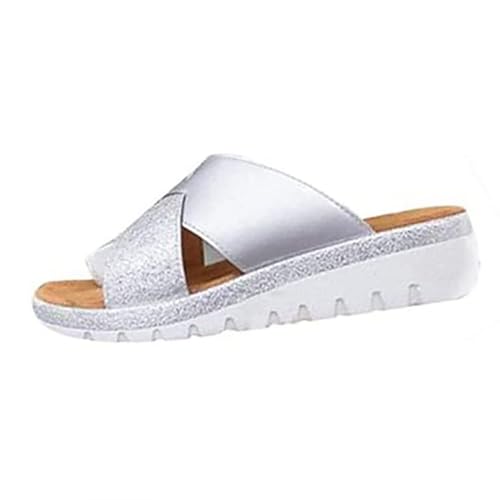 Frauen Sandalen Memory Foam Diabetiker Hausschuhe Bequeme Orthopädische Sandalen Für Drinnen Und Draußen Strand Schuhe Offene Zehe Flache Anti-Rutsch-Keil Walking Schuhe-Silver||39 von YIENHUI