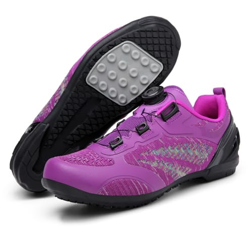 YIENHUI Fahrradschuhe Für Herren Und Damen Bequeme Flat-Pedal-Fahrradtrainer Atmungsaktiver, Rutschfester Bequemer Sneaker Mit Spin-Schnürung Für Drinnen Und Draußen-Purple||Numeric_39 von YIENHUI