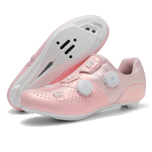 YIENHUI Rennradschuhe Herren/Damen Atmungsaktive Fahrradtrainer Unisex Bequeme, rutschfeste Rennrad-Sneaker Mit Schnelldrehendem Schnürsystem Spin-Bike-Schuhe Für Drinnen Und Draußen-Pink||Numeric_43 von YIENHUI