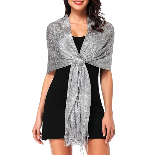 YIFLorine TANG Glitzer Stola Damen,Glänzendes Metall Schal Stola Damen,Stola für Abendkleid,Stole mit Schnalle,Frauen Braut Hochzeit Schal,für Abendkleider Kleider Hochzeitsfeier（Rotwein） (Silber) von YIFLorine TANG