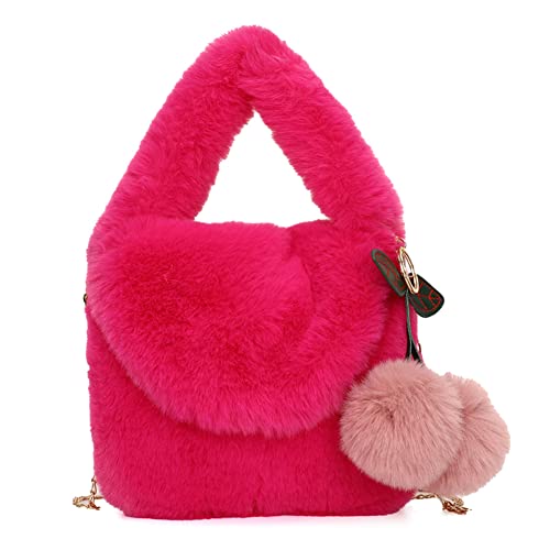 YIGEBAG Einfarbige Schulterhandtaschen mit Bommel-Anhänger Crossbody-Handtaschen aus weichem Plüsch, flauschige Pelzkette, klein for Mädchen, Pattentaschen von YIGEBAG