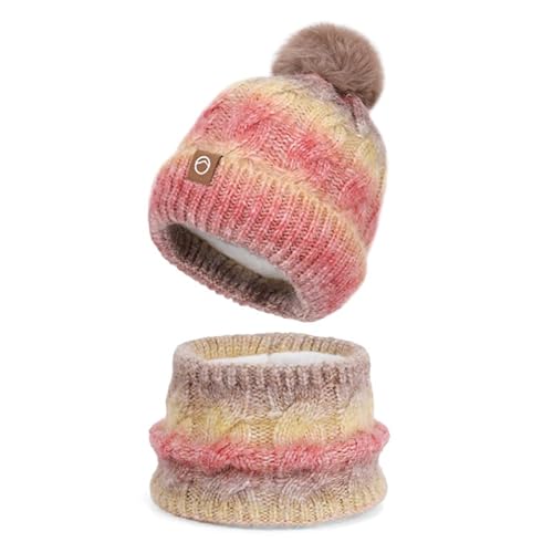 YIGOOWN Damen Mütze Winter Schal und Mütze set Warm Beanie Wintermütze Strickmütze mit Schal für Herbst Winter mit Bommel (Farbverlauf Dunkelrosa) von YIGOOWN