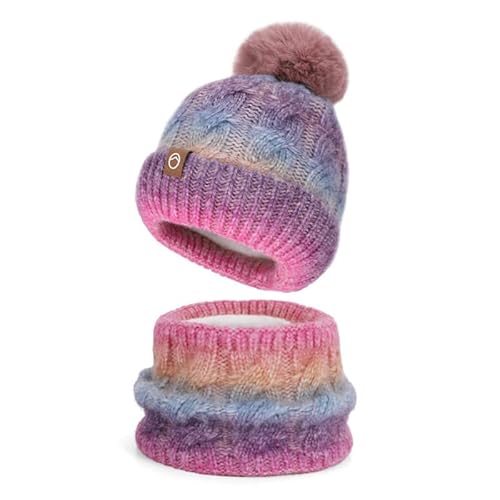 YIGOOWN Damen Mütze Winter Schal und Mütze set Warm Beanie Wintermütze Strickmütze mit Schal für Herbst Winter mit Bommel (Farbverlauf Lila) von YIGOOWN