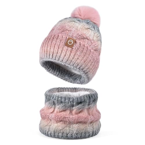 YIGOOWN Damen Mütze Winter Schal und Mütze set Warm Beanie Wintermütze Strickmütze mit Schal für Herbst Winter mit Bommel (Farbverlauf Rosa) von YIGOOWN