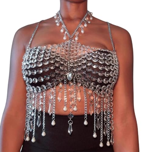 Damen Acryl Kristall Fransen Körperkette Neckholder Crop Top Verstellbare Brust Schmuck Camisole für Badeanzug Strand Zubehör von YIGZYCN