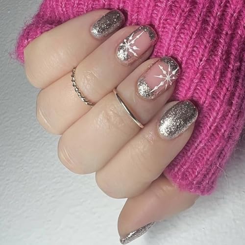 Künstliche Nägel zum Aufkleben, Schneeflocken-Motiv, glitzernde künstliche Nägel, Weihnachten, zum Aufdrücken für Damen und Mädchen von YIGZYCN