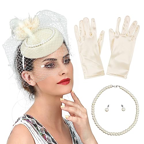 YIGZYCN 1 Satz Damen Mesh Schleier & Haarband mit Perlenohrring & Halskette & Handschuhe Halloween Cosplay Abschlussball von YIGZYCN