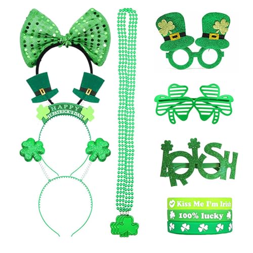 YIGZYCN 1 Satz Kleeblatt-Haarreifen für Damen zum St. Patricks Day mit Armreifen und Perlen, Halskette und Brille, von YIGZYCN