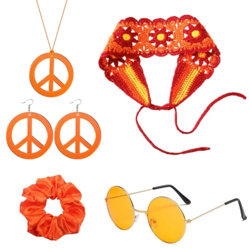 YIGZYCN 1970er Hippie-Schmuck für Frauen mit Stirnband, Halskette, Ohrringen, Brillen, Haarband, Kunststoff von YIGZYCN