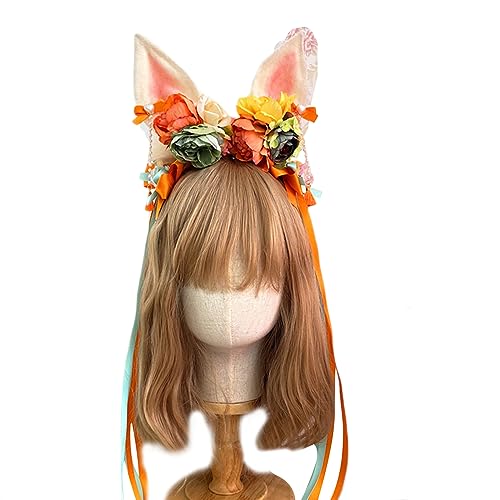 YIGZYCN Frauen Blumenkopfschmuck mit Schleife Langes Band Schönes Kaninchenohr Stirnband Cosplay Haarspange Foto von YIGZYCN