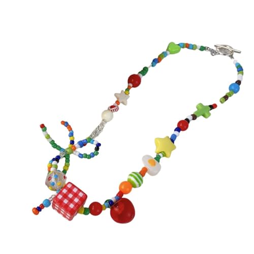 YIGZYCN Retro-Perlenschmuck für Damen, Halskette mit bunten Obst- und Stern-Anhängern, Schmetterlings-Schleifen, Anhänger von YIGZYCN