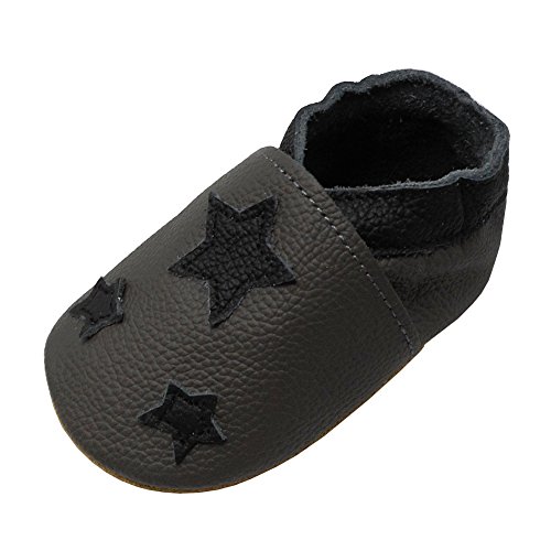 YIHAKIDS Babyschuhe, Mädchen, Jungen, weiches Leder, Kinder, Hausschuhe aus weichem Leder, erste Schritte, Dunkelgrau mit Stern., 26 EU von YIHAKIDS