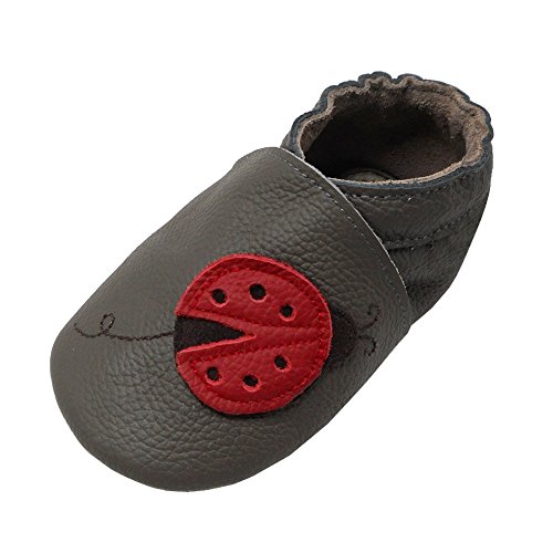 YIHAKIDS Babyschuhe für Mädchen, Jungen, weiches Leder, Baby, Kinder, Hausschuhe aus weichem Leder, Schuhe für Mädchen, Jungen, erste Schritte, 0 – 6 Monate – 2 Jahre, Dunkelgrau Marienkäfer, 19/20 EU von YIHAKIDS