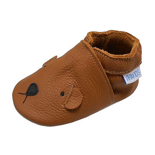 YIHAKIDS Babyschuhe für Mädchen, Jungen, weiches Leder, Baby, Kinder, Hausschuhe aus weichem Leder, Schuhe für Mädchen, Jungen, erste Schritte, 0 – 6 Monate – 2 Jahre, Braun Hund, 19/20 EU von YIHAKIDS