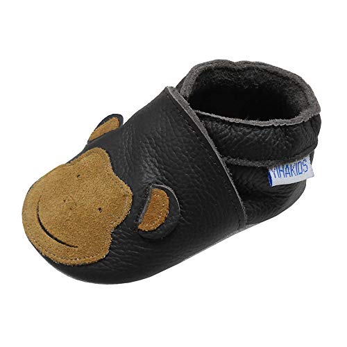 YIHAKIDS Babyschuhe für Mädchen, Jungen, weiches Leder, Baby, Kinder, Hausschuhe aus weichem Leder, Schuhe für Mädchen, Jungen, erste Schritte, 0 – 6 Monate – 2 Jahre, Dunkelbraun Bär, 21/22 EU von YIHAKIDS