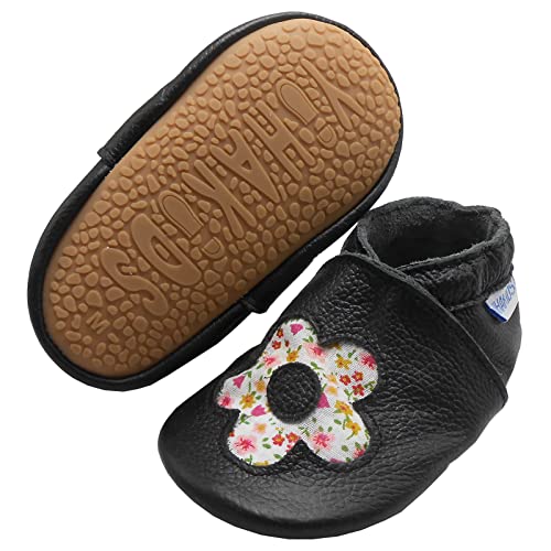 YIHAKIDS Krabbelschuhe Baby Lauflernschuhe Jungen Mädchen Weicher Leder Babyhausschuhe Kleinkind Blumen rutschfeste Lederschuhe mit Gummisohle für Baby (Size L, Schwarz, 12-18 Monate, 23 EU) von YIHAKIDS