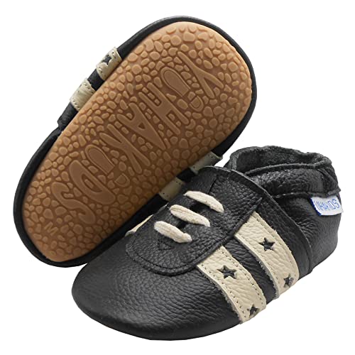 YIHAKIDS Krabbelschuhe Baby Lauflernschuhe Jungen Mädchen Weicher Leder Babyhausschuhe Kleinkind Streifen rutschfeste Lederschuhe mit Gummisohle für Baby (Size M, Schwarz, 6-12 Monate, 21/22 EU) von YIHAKIDS