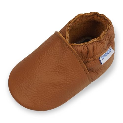 YIHAKIDS Krabbelschuhe Baby Lauflernschuhe Jungen Mädchen Weicher Leder Lederschuhe mit Wildledersohlen Kleinkind Rutschfeste Babyschuhe Hausschuhe (Size L, Hellbraun, 12-18 Monate, 23 EU) von YIHAKIDS