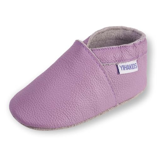 YIHAKIDS Krabbelschuhe Baby Lauflernschuhe Jungen Mädchen Weicher Leder Lederschuhe mit Wildledersohlen Kleinkind Rutschfeste Babyschuhe Hausschuhe (Size L, Helllila, 12-18 Monate, 23 EU) von YIHAKIDS