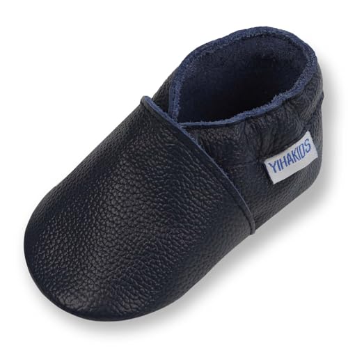 YIHAKIDS Krabbelschuhe Baby Lauflernschuhe Jungen Mädchen Weicher Leder Lederschuhe mit Wildledersohlen Kleinkind Rutschfeste Babyschuhe Hausschuhe (Size L, Marineblau, 12-18 Monate, 23 EU) von YIHAKIDS
