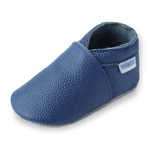 YIHAKIDS Krabbelschuhe Baby Lauflernschuhe Jungen Mädchen Weicher Leder Lederschuhe mit Wildledersohlen Kleinkind Rutschfeste Babyschuhe Hausschuhe (Size M, ​Saphirblau, 6-12 Monate, 21/22 EU) von YIHAKIDS