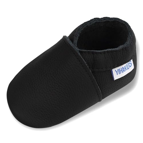 YIHAKIDS Krabbelschuhe Baby Lauflernschuhe Jungen Mädchen Weicher Leder Lederschuhe mit Wildledersohlen Kleinkind Rutschfeste Babyschuhe Hausschuhe (Size M, Schwarz, 6-12 Monate, 21/22 EU) von YIHAKIDS