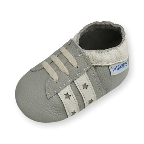 YIHAKIDS Krabbelschuhe Baby Lauflernschuhe Mädchen Jungen Turnschuhe Babyschuhe Weicher Leder mit Wildledersohlen Lederschuhe Kleinkind (Size L, Grau/Weiß, 12-18 Monate, 23 EU) von YIHAKIDS
