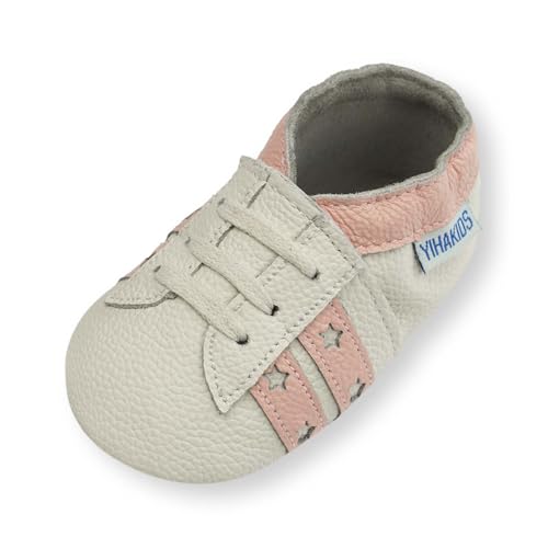YIHAKIDS Krabbelschuhe Baby Lauflernschuhe Mädchen Jungen Turnschuhe Babyschuhe Weicher Leder mit Wildledersohlen Lederschuhe Kleinkind (Size L, Rosa/Weiß, 12-18 Monate, 23 EU) von YIHAKIDS