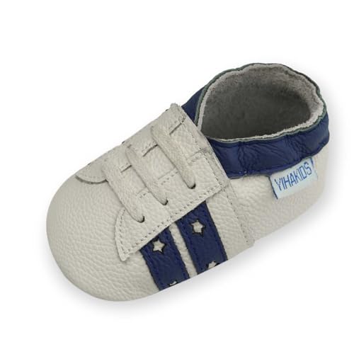 YIHAKIDS Krabbelschuhe Baby Lauflernschuhe Mädchen Jungen Turnschuhe Babyschuhe Weicher Leder mit Wildledersohlen Lederschuhe Kleinkind (Size M, Blau/Weiß, 6-12 Monate, 21/22 EU) von YIHAKIDS