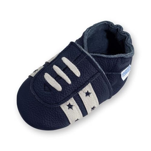 YIHAKIDS Krabbelschuhe Baby Lauflernschuhe Mädchen Jungen Turnschuhe Babyschuhe Weicher Leder mit Wildledersohlen Lederschuhe Kleinkind (Size S, Dunkelblau, 6-12 Monate, 21/22 EU) von YIHAKIDS