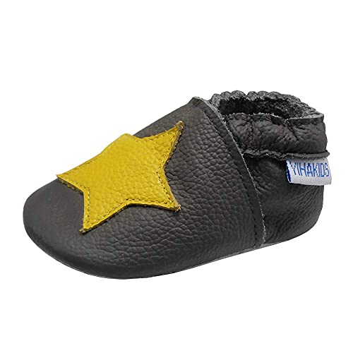 YIHAKIDS Krabbelschuhe Babyschuhe Lauflernschuhe Kleinkind Lederschuhe Hausschuhe Stern Weiche Sohle Lernlaufschuhe (Size L, Dunkelgrau, 12-18 Monate, 23 EU) von YIHAKIDS