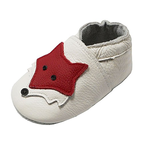 YIHAKIDS Krabbelschuhe Baby Weiche Leder Lauflernschuhe Kleinkind Lederschuhe Hausschuhe Babyschuhe Lederpuschen Lernlaufschuhe Mokassins(Size S, Weiß Fuchs, 0-6 Monate, 19/20 EU) von YIHAKIDS
