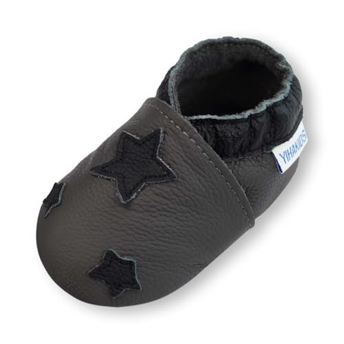 YIHAKIDS Krabbelschuhe Babyschuhe Lauflernschuhe Kleinkind Lederschuhe Hausschuhe Stern Weiche Sohle Lernlaufschuhe (Size S, Grau, 0-6 Monate, 19/20 EU) von YIHAKIDS
