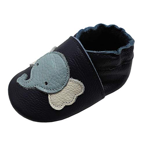 YIHAKIDS Krabbelschuhe Baby Weiche Leder Lauflernschuhe Kleinkind Lederschuhe Hausschuhe Babyschuhe Lederpuschen Lernlaufschuhe Mokassins(Size XXL, Dunkelblau Elefant, 24-36 Monate, 26 EU) von YIHAKIDS