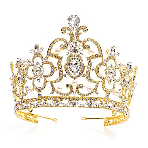 Crown, Tiara, Prom Queen Crown Quinceanera Festzug Kronen Kronen Prinzessin Kron Rinestone Kristall Brautkrontiare für Frauen (Farbe: Golden Weiß, Größe: Krone) von YIHANSS