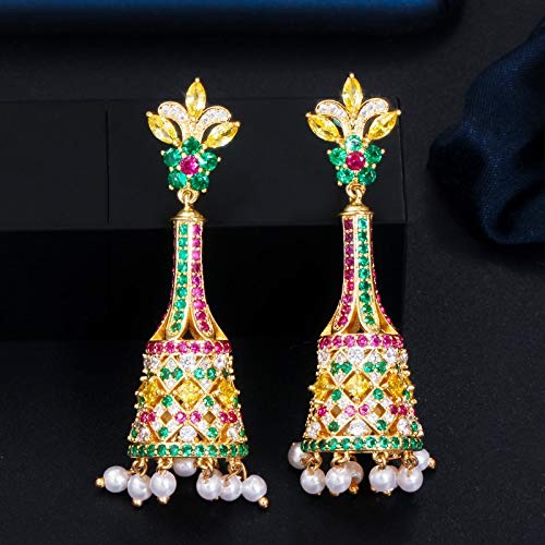 Elegant Rotgrün kubisch Zirkonia Stein Langer Perle Tropfen Hangle Ohrringe für Frauen ethnischer Party Schmuck von YIHANSS