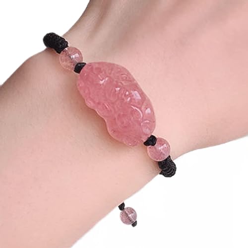 Feng Shui Armband Pixiu Lucky Charm Black Obsidian Clear Quarz Rose Quarz Erdbeerquarz gelbes Quarzaltz Armband Pi Yao Anziehen Wohlstand Geld für Frauen Männer, Rosenquarz Zimt (Farbe: Strawberr von YIHANSS