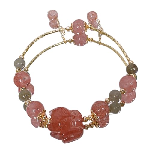 Feng Shui Kristallarmband natürlicher Erdbeerquarz graues Mondstein 8mm Perlen Armband Lucky Pi Xiu/Fox Charm Anhänger Armband Talisman für Frauen Weiblichkeit Reichtum Love Wohlstand, Fox Cinnabar von YIHANSS