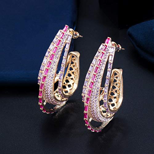 Geometrischer runder Kreis lila rosa kubische Zirkonia Kristall lange große Aussage Reifen Ohrringe für Frauen von YIHANSS
