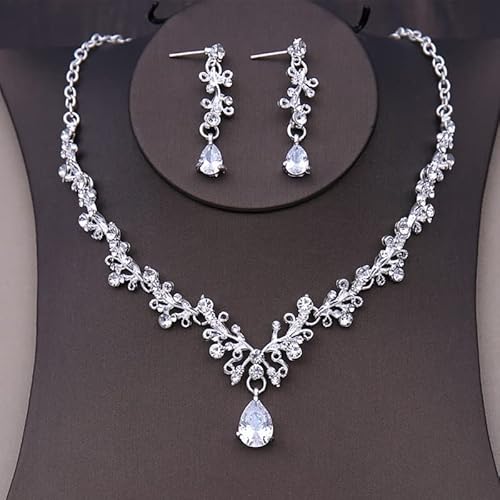 Haarschmuck Krone Tiaras für Frauen Barock Kristall Braut Schmuckset Vintage Gold Farbe Strass Hochzeit Tiara Kron Halskette Ohrring Set für Frauen Braut Geschenk (Farbe: Silber-02) von YIHANSS