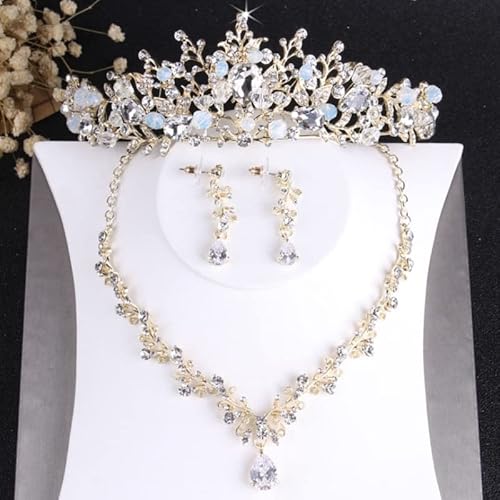 Haarschmuck Krone Tiaras für Frauen Barock Kristall Braut Schmuckset Vintage Gold Farbe Strass Hochzeit Tiara Kron Halskette Ohrring Set für Frauen Braut Geschenk (Farbe: Silber-02) von YIHANSS