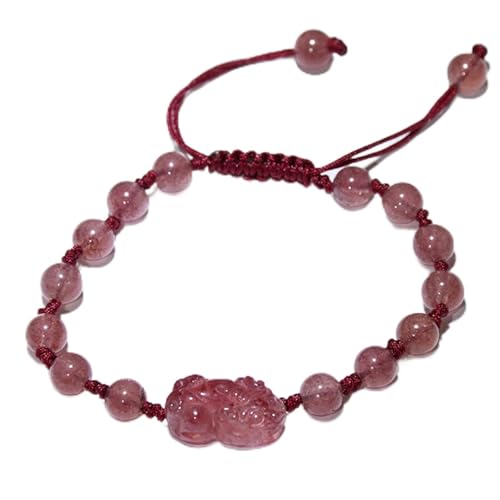 Natürliches Erdbeerquarz -Armband Lucky Pixiu Charm Anhänger Feng Shui Kristallperlen Armband handgewebtes rotes String Talisman für Frauen Mädchen Wohlstand Geld viel Glück Wohlstand Meditation Yoga von YIHANSS